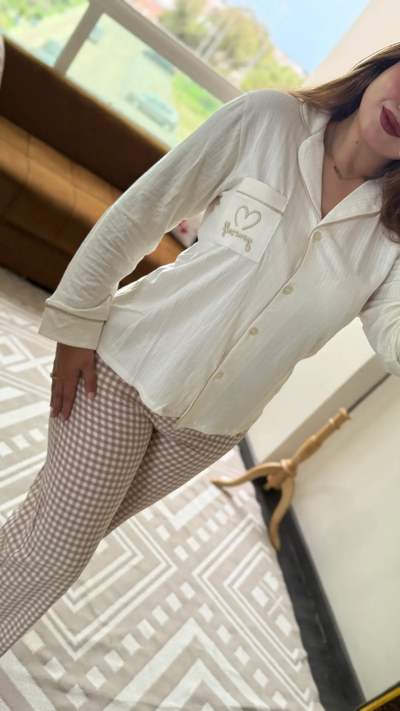 Ensemble Pyjama « Amour » — Écru & Vichy 3