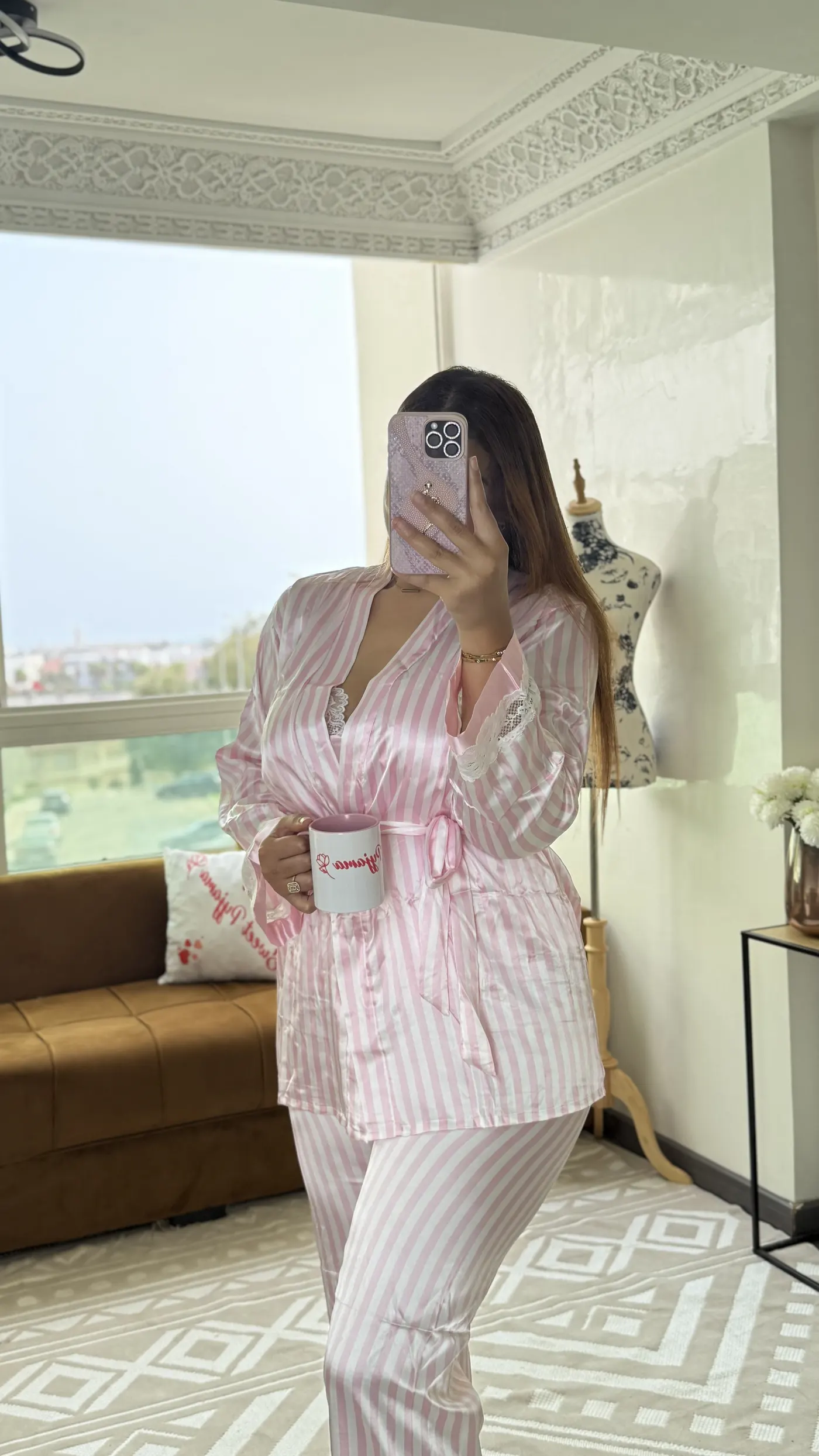 Ensemble Pyjama Satin Rayé Rose