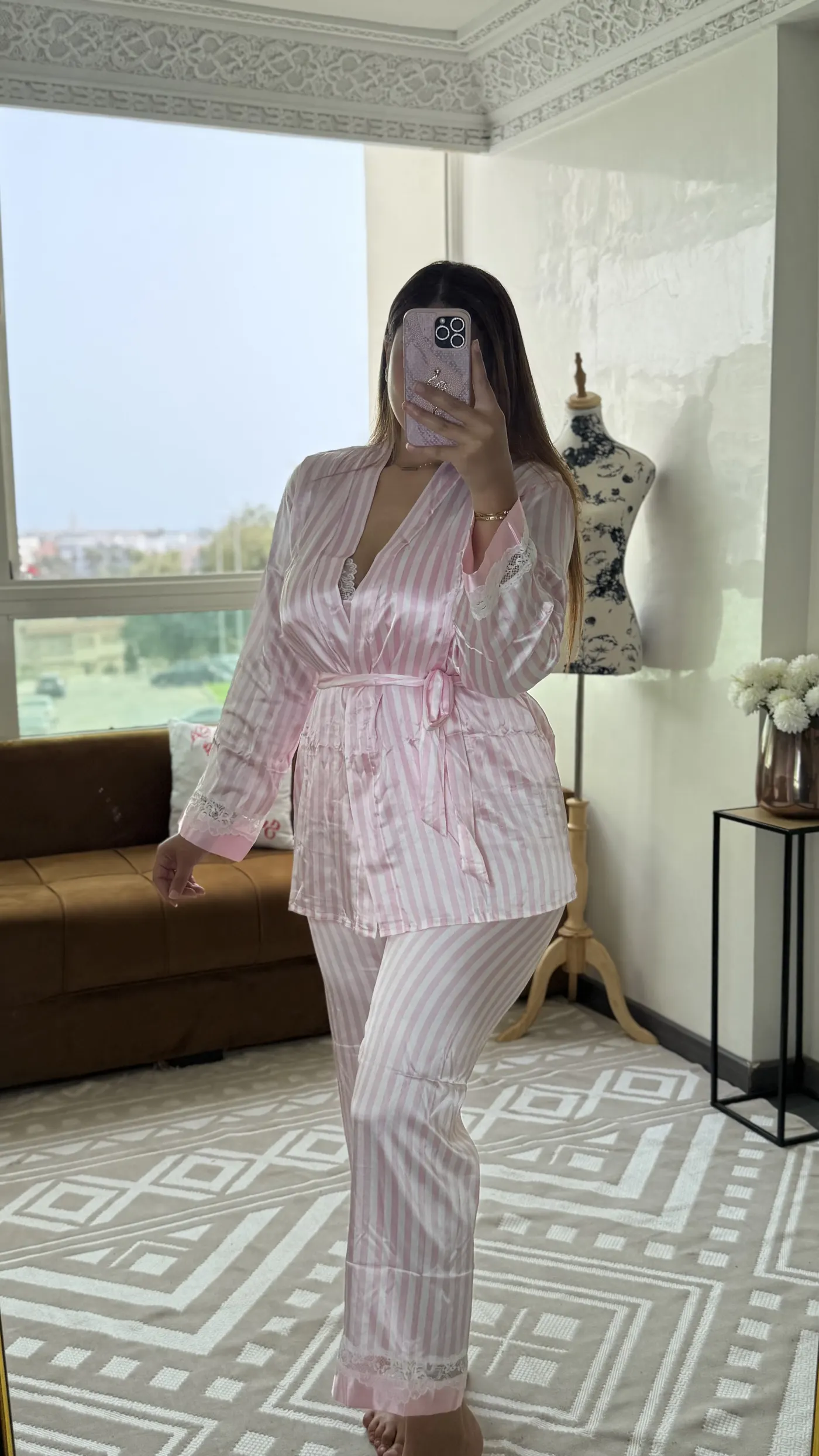 Ensemble Pyjama Satin Rayé Rose 2