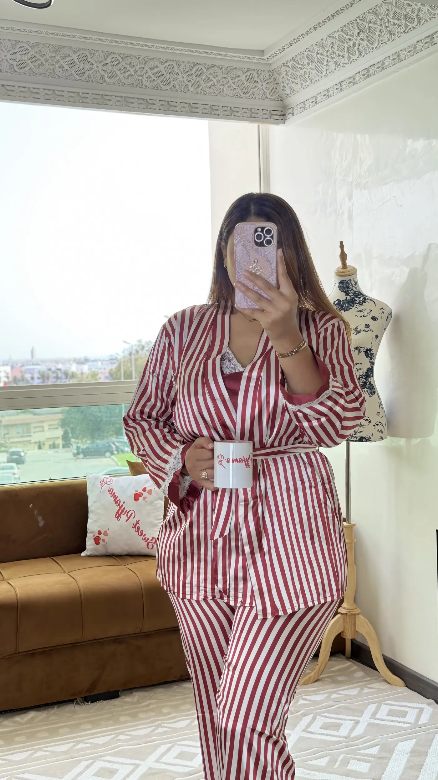 Ensemble Pyjama Satin Rayé Rouge 2