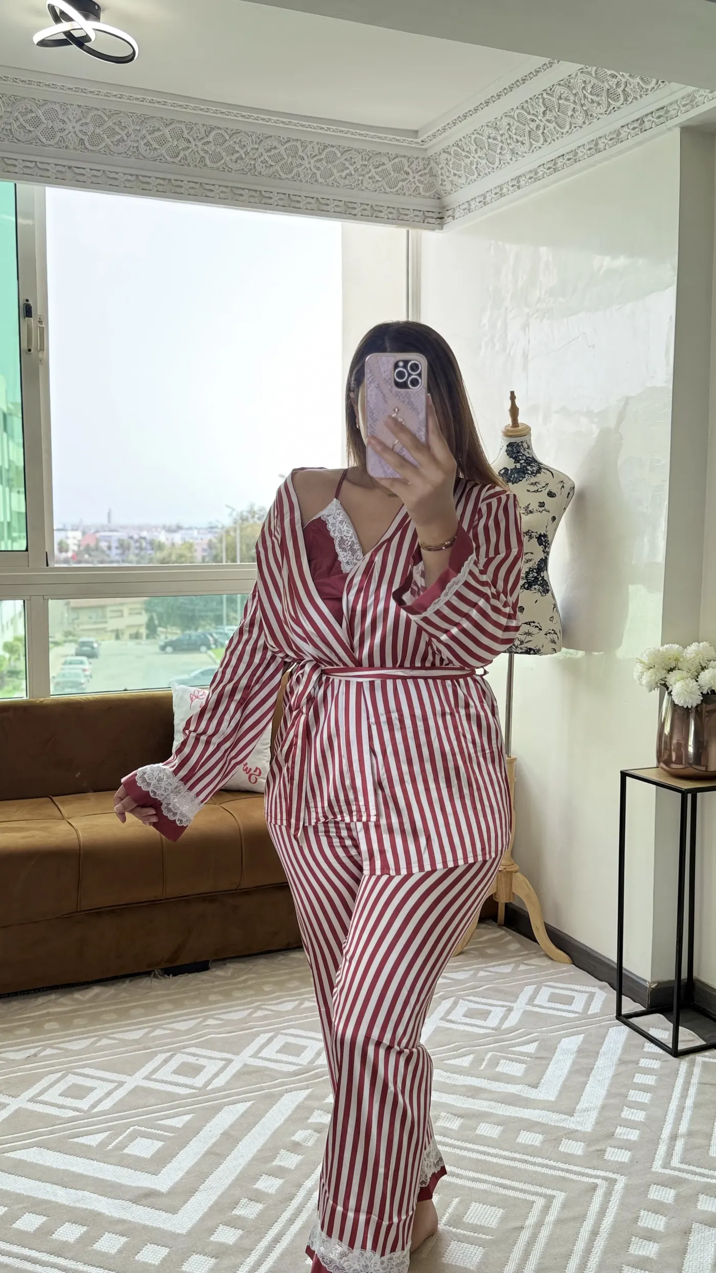 Ensemble Pyjama Satin Rayé Rouge 3