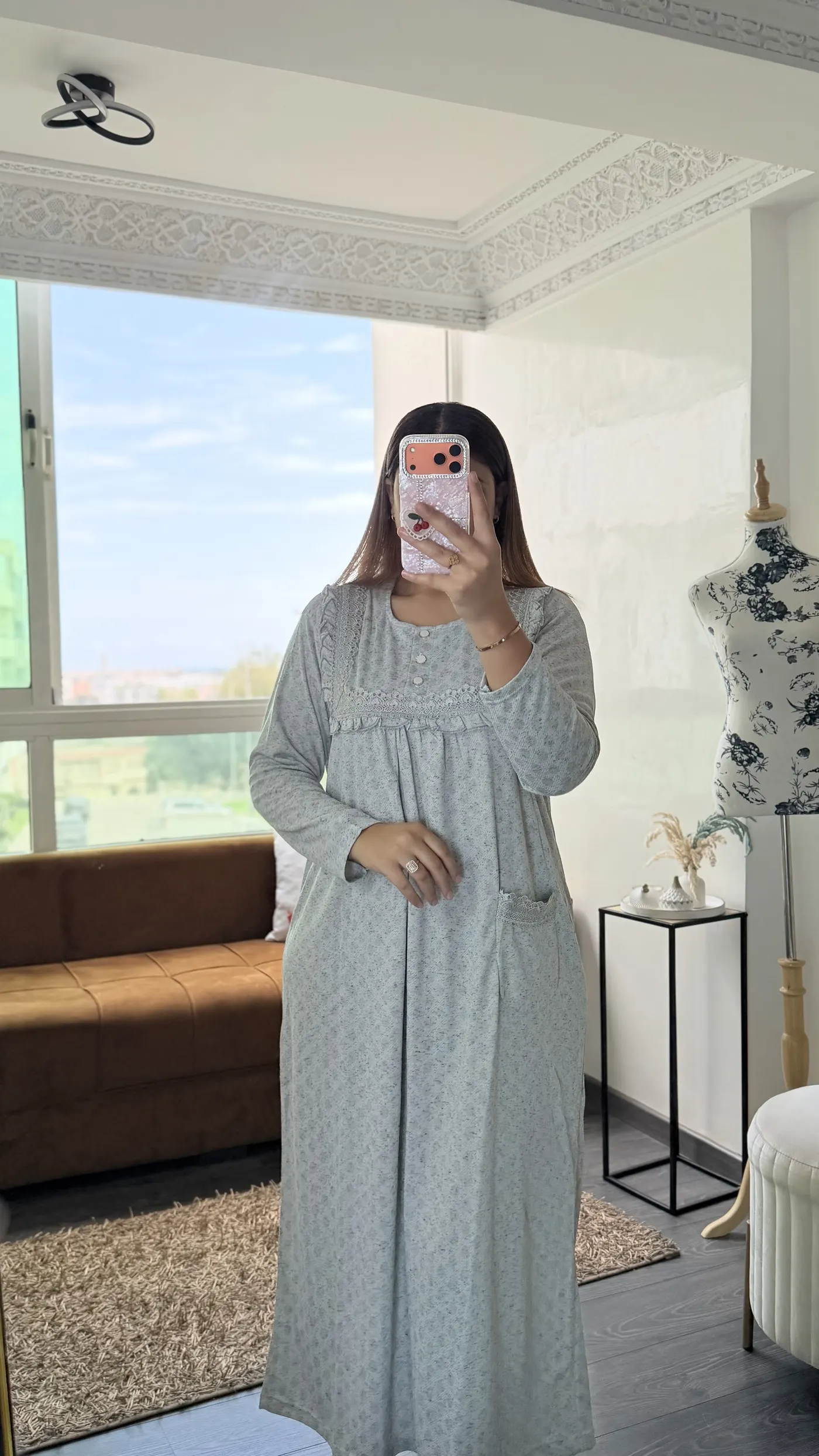 Chemise de nuit "Gris Chiné" avec dentelle