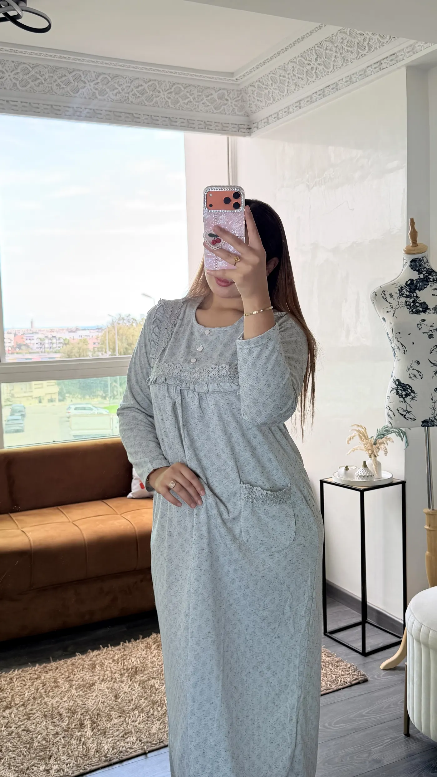 Chemise de nuit "Gris Chiné" avec dentelle 4