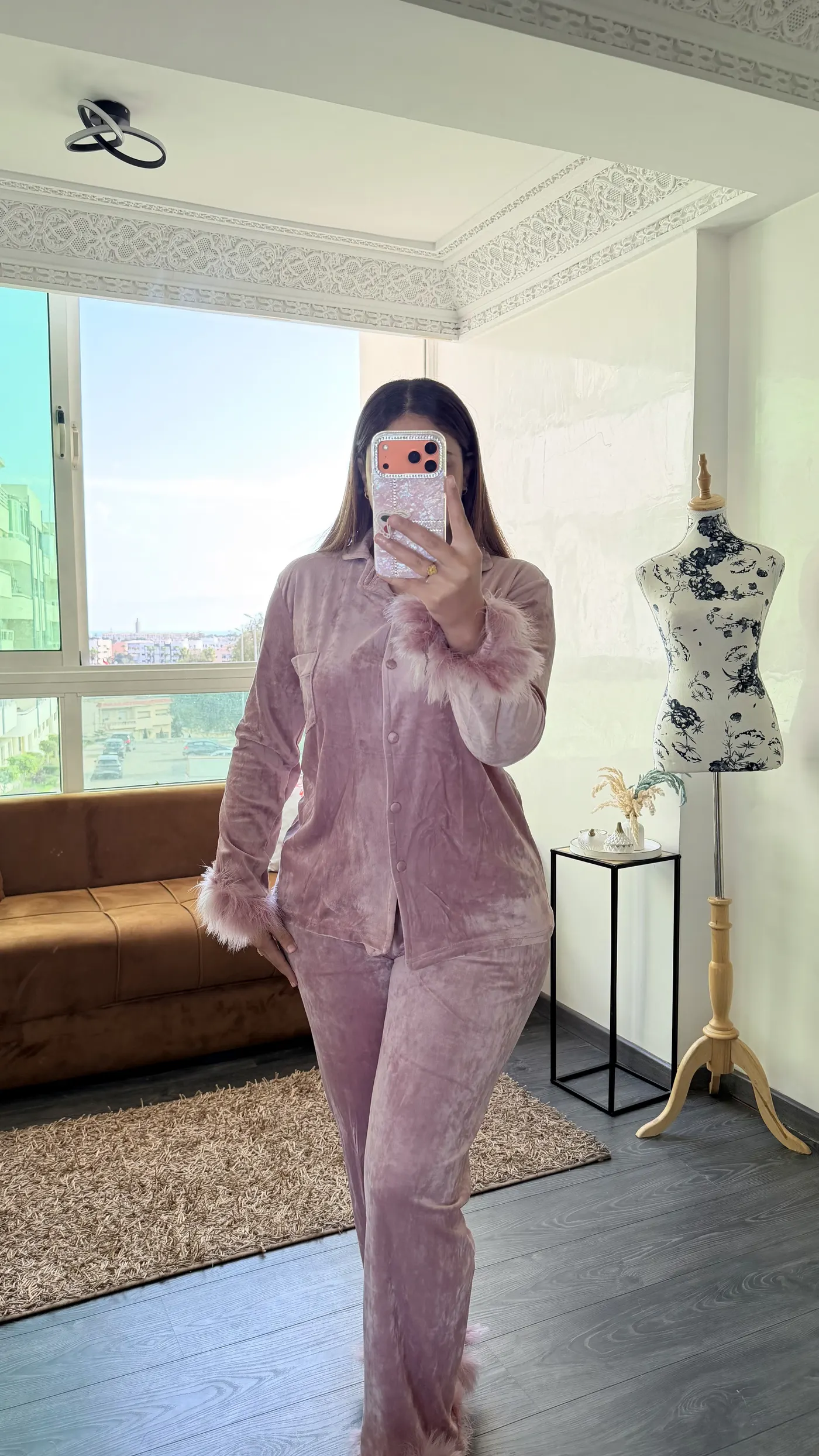 Pyjama Velours "Vieux Rose" avec fourrure