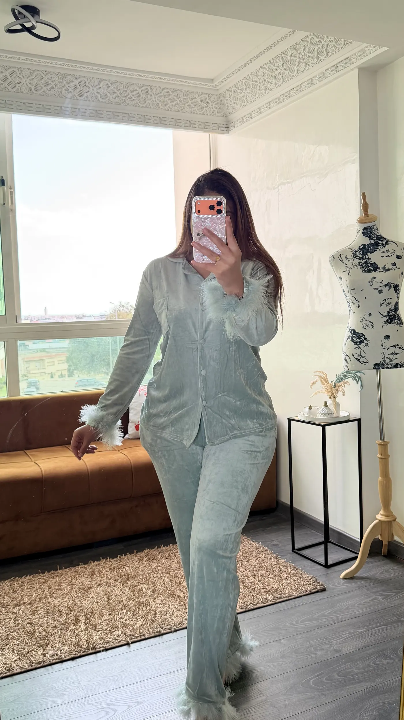 Pyjama Velours "Vert Céladon" avec fourrure