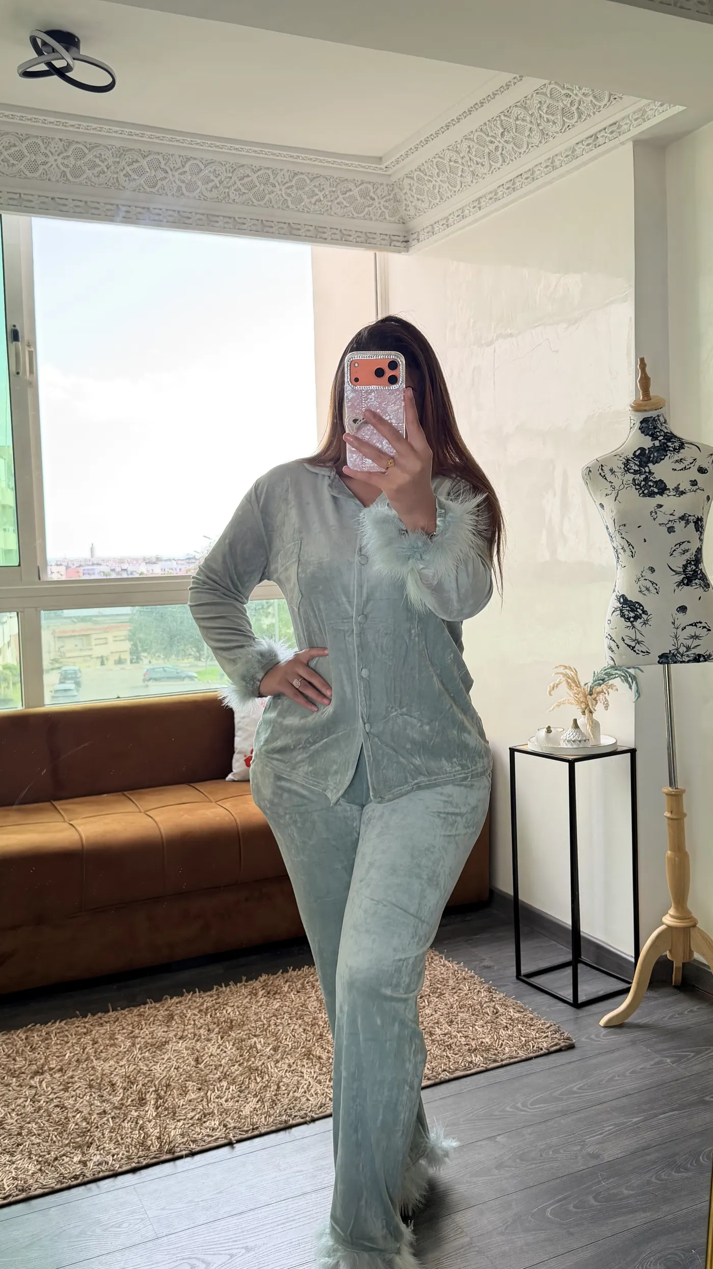 Pyjama Velours "Vert Céladon" avec fourrure 2