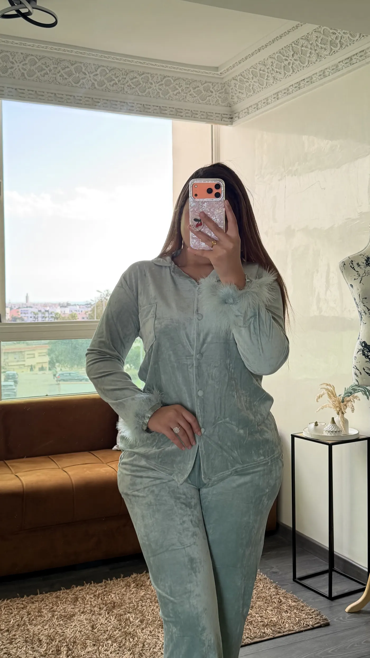 Pyjama Velours "Vert Céladon" avec fourrure 4