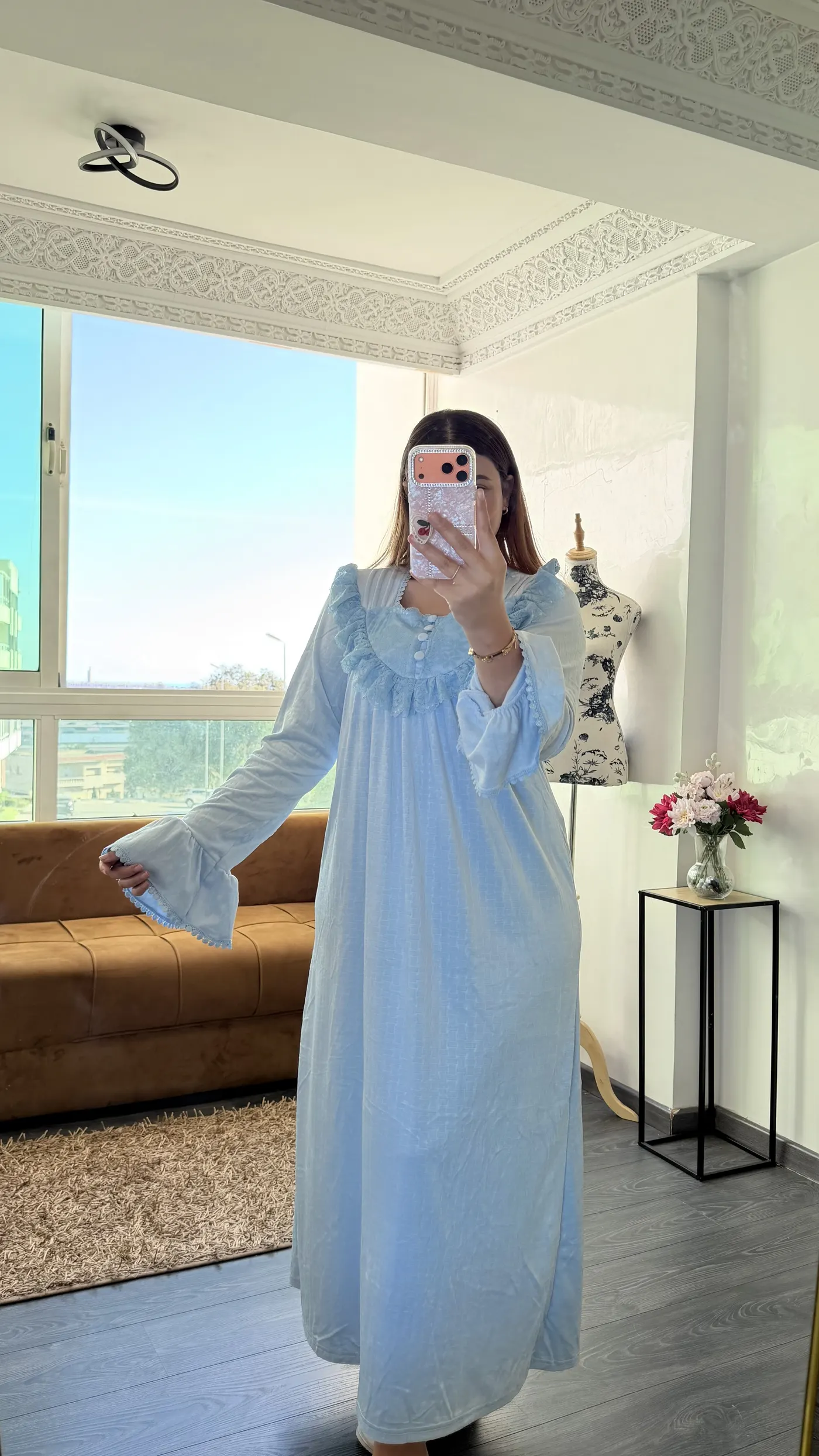 Robe d'Intérieur Longue Romantique Dentelle – Bleu Ciel