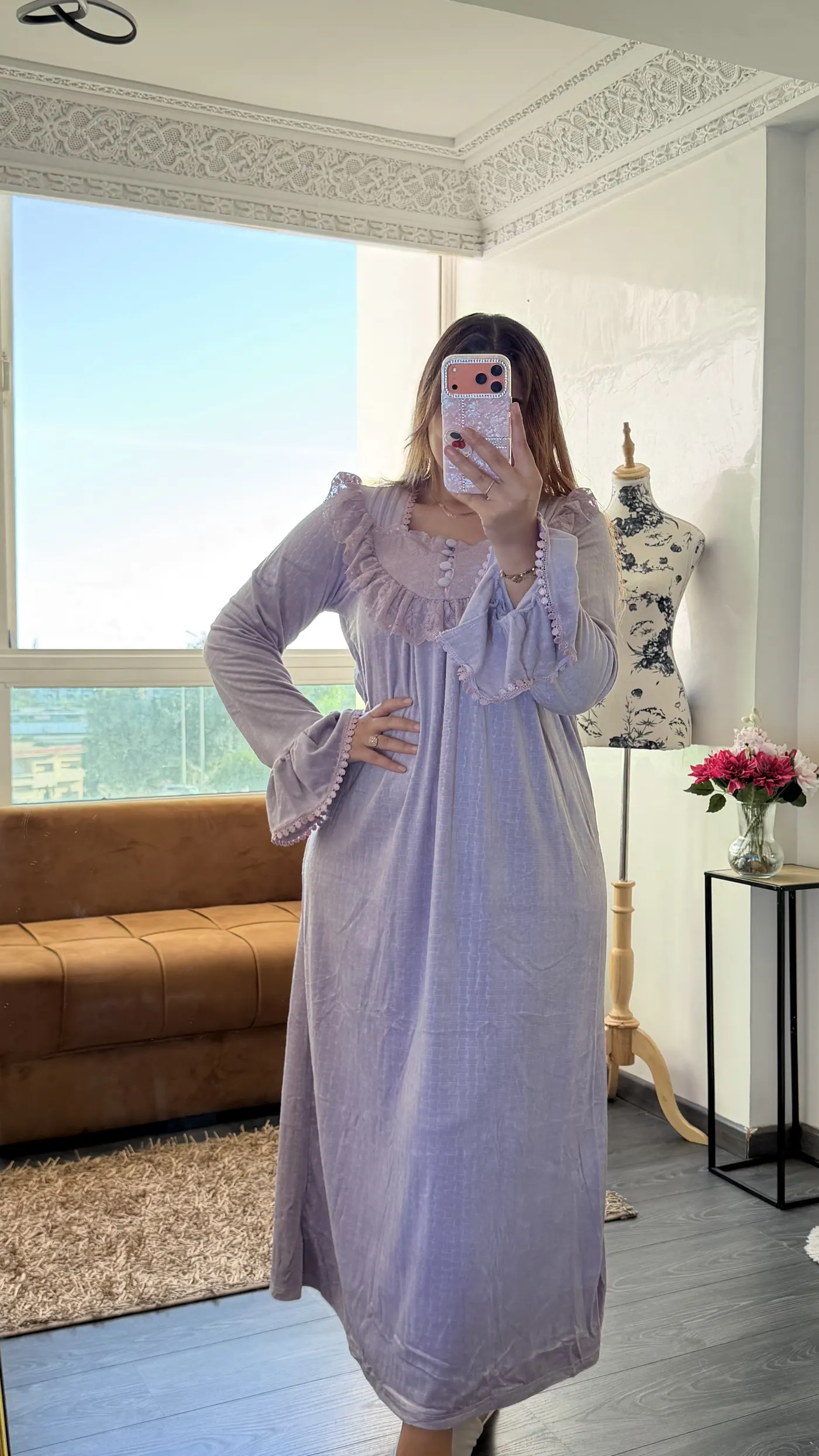 Robe d'Intérieur Longue Romantique Dentelle – Lilas Poudré