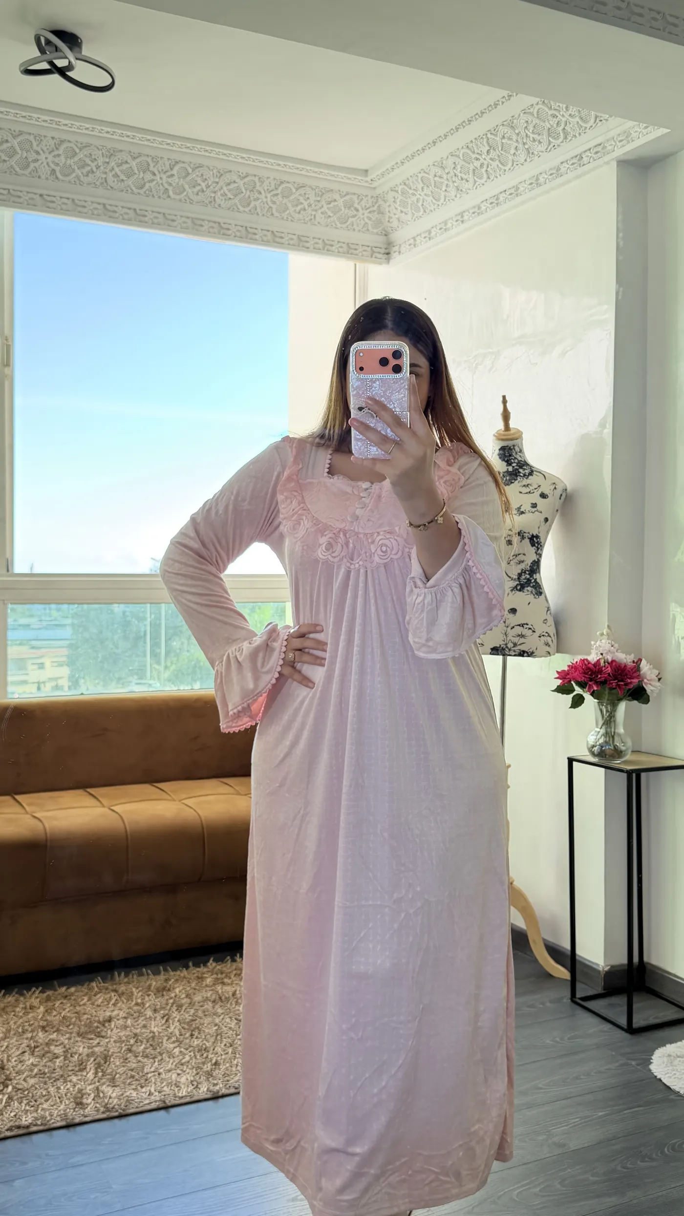 Robe d'Intérieur Longue Romantique Dentelle – Rose Poudré 2