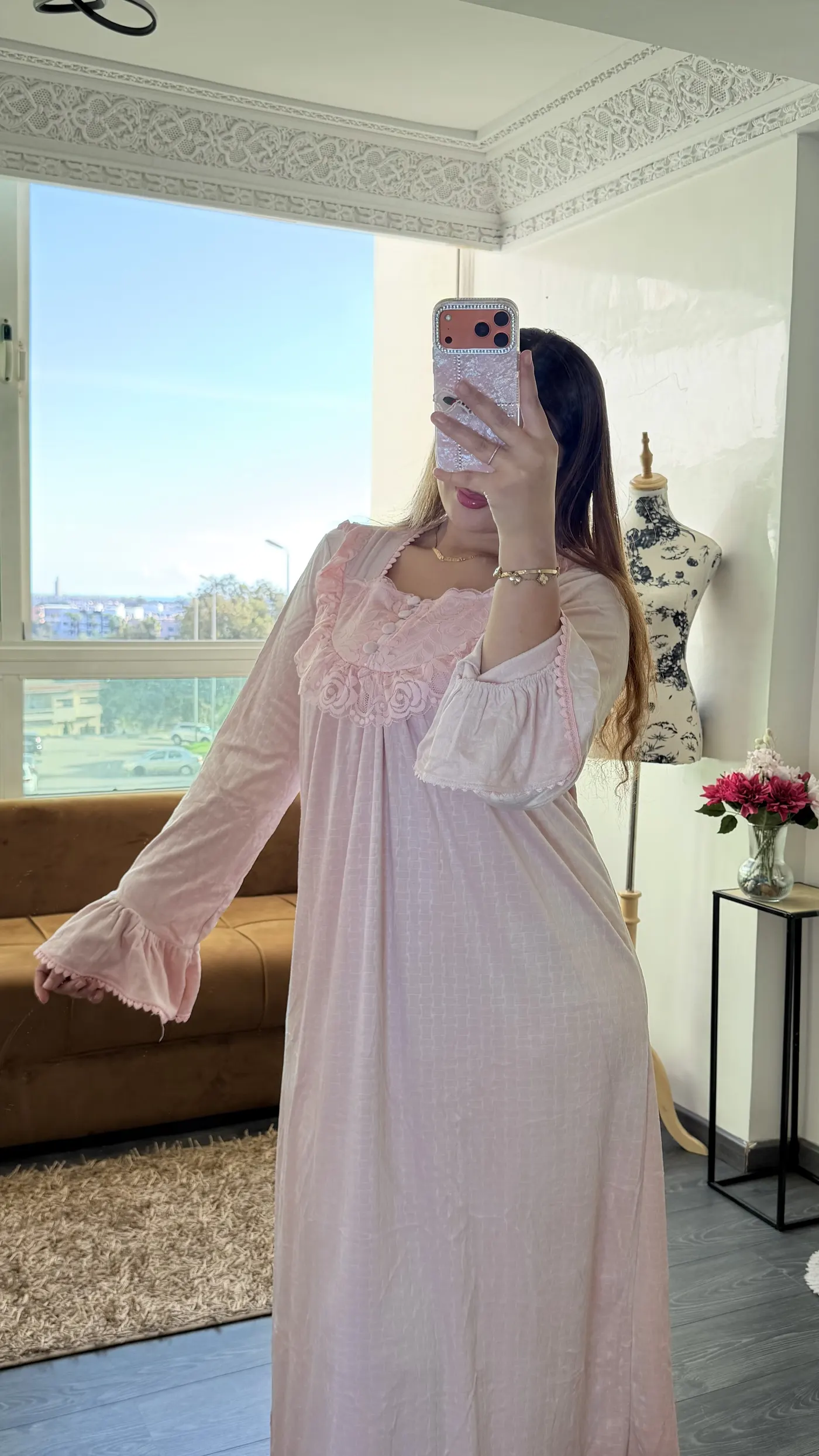 Robe d'Intérieur Longue Romantique Dentelle – Rose Poudré 3