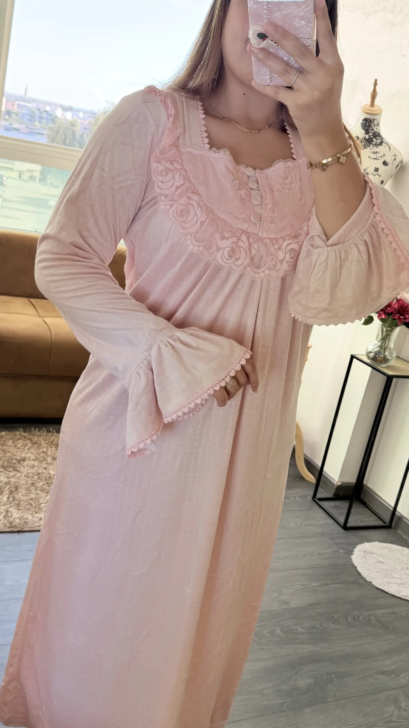 Robe d'Intérieur Longue Romantique Dentelle – Rose Poudré 4