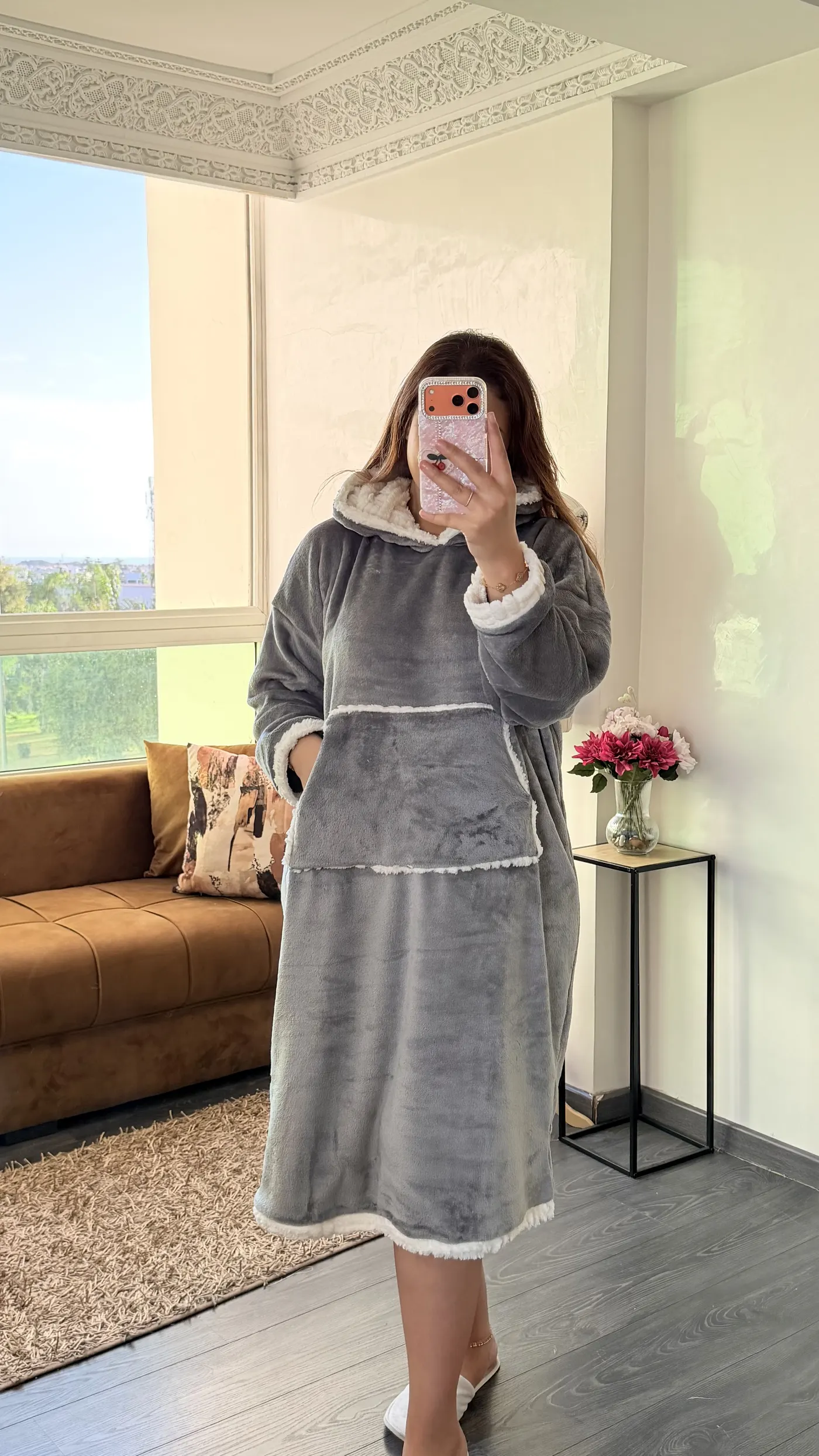 Robe Polaire à Capuche « Cocon Sherpa » Gris Souris 2