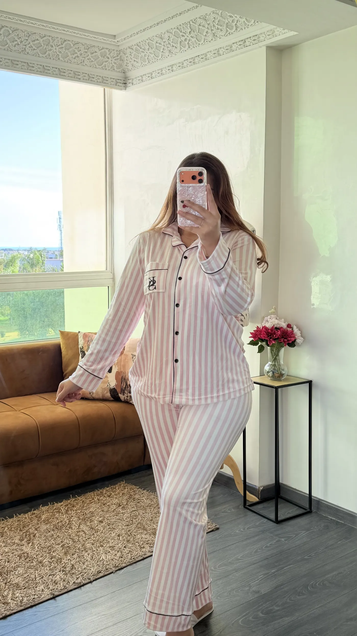 Pyjama Satin Rayé « Parisienne » Rose Poudré 1
