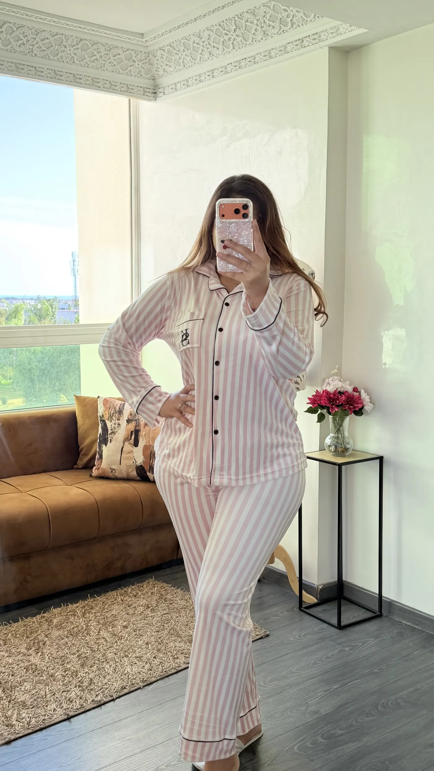 Pyjama Satin Rayé « Parisienne » Rose Poudré 2