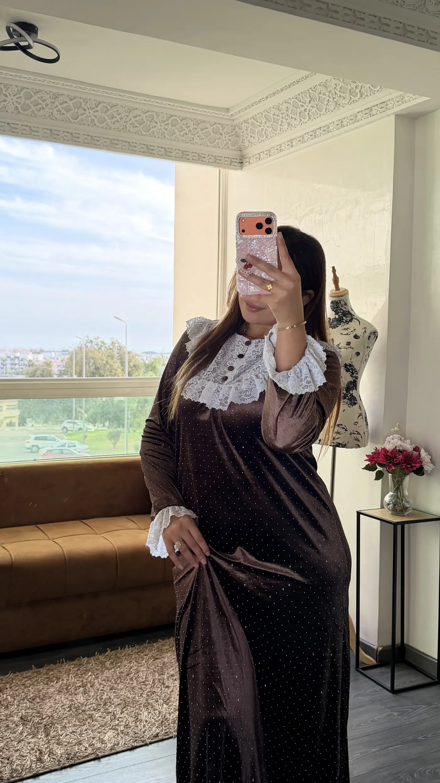 Robe Longue Velours « Éléonore » Marron Chocolat 3