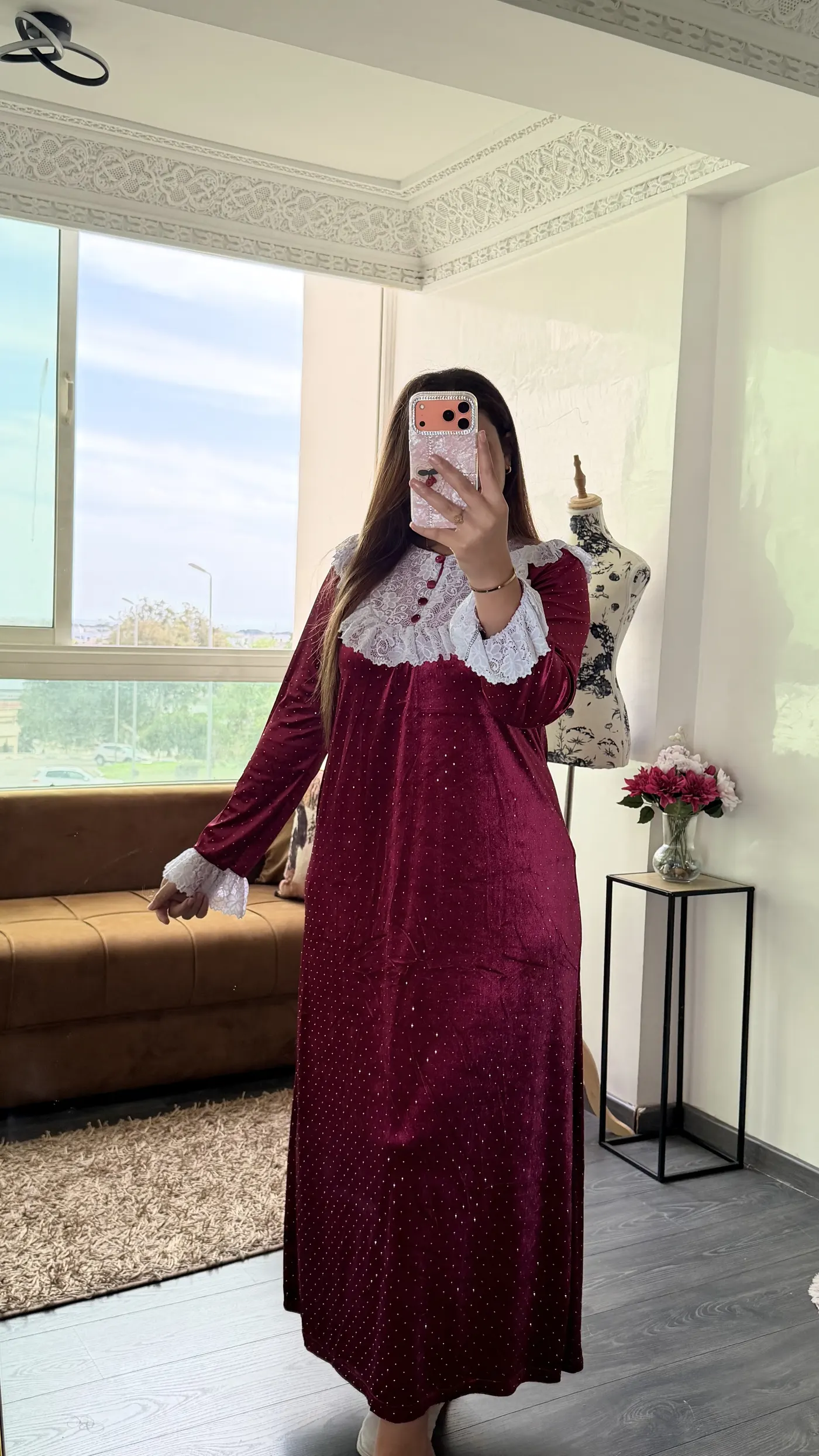 Robe Longue Velours « Éléonore » Rouge Framboise