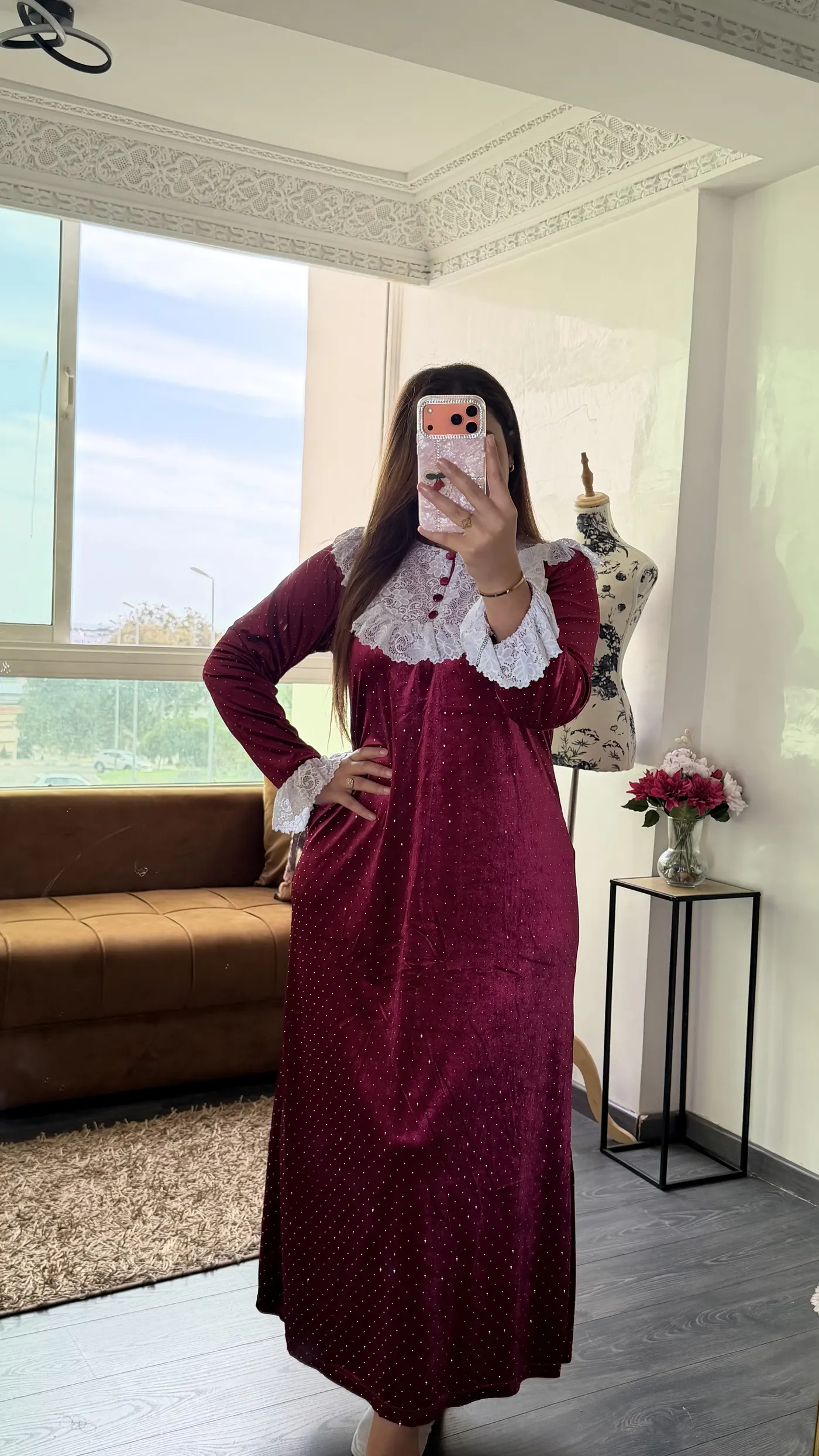 Robe Longue Velours « Éléonore » Rouge Framboise 2