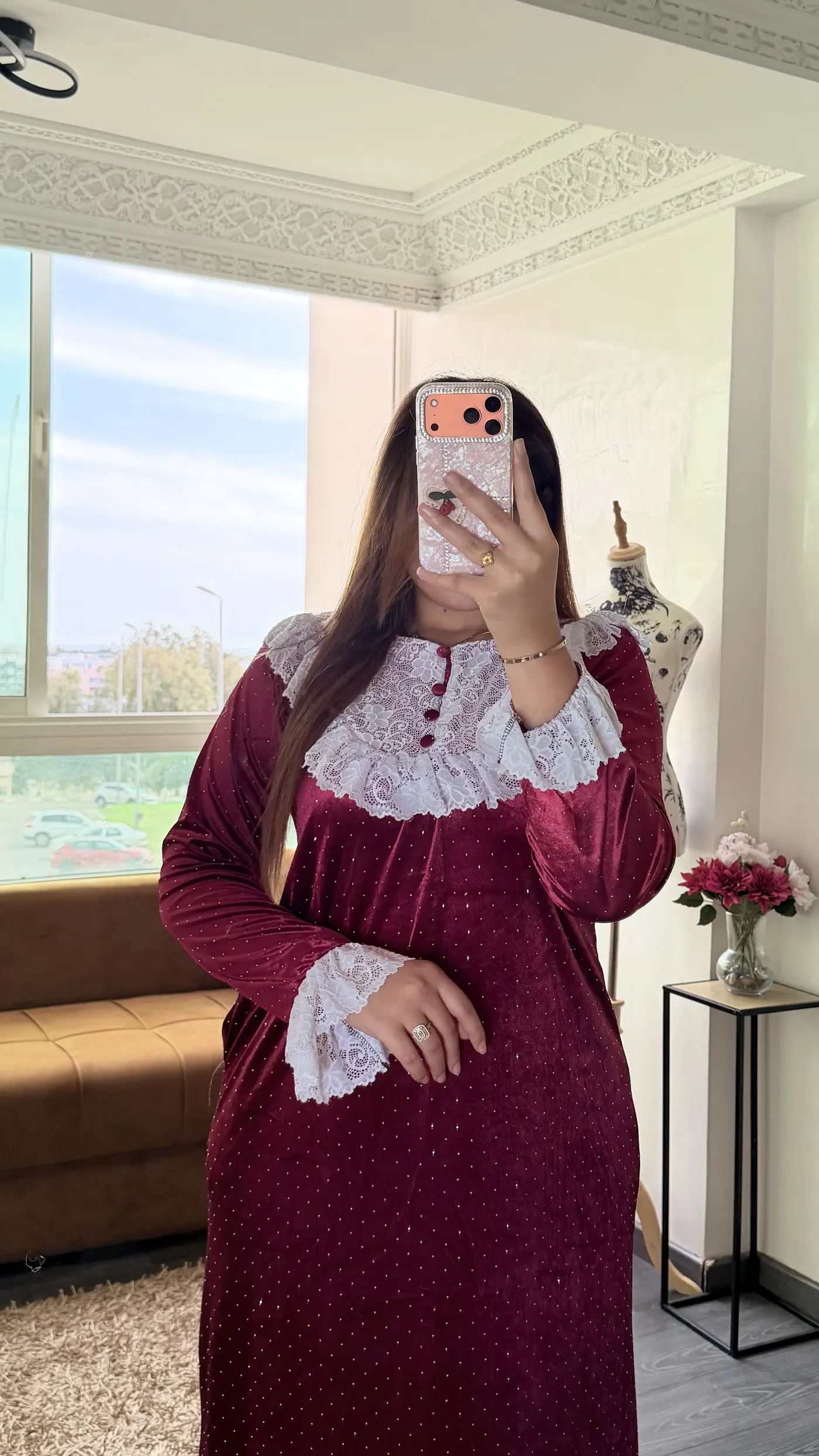 Robe Longue Velours « Éléonore » Rouge Framboise 4